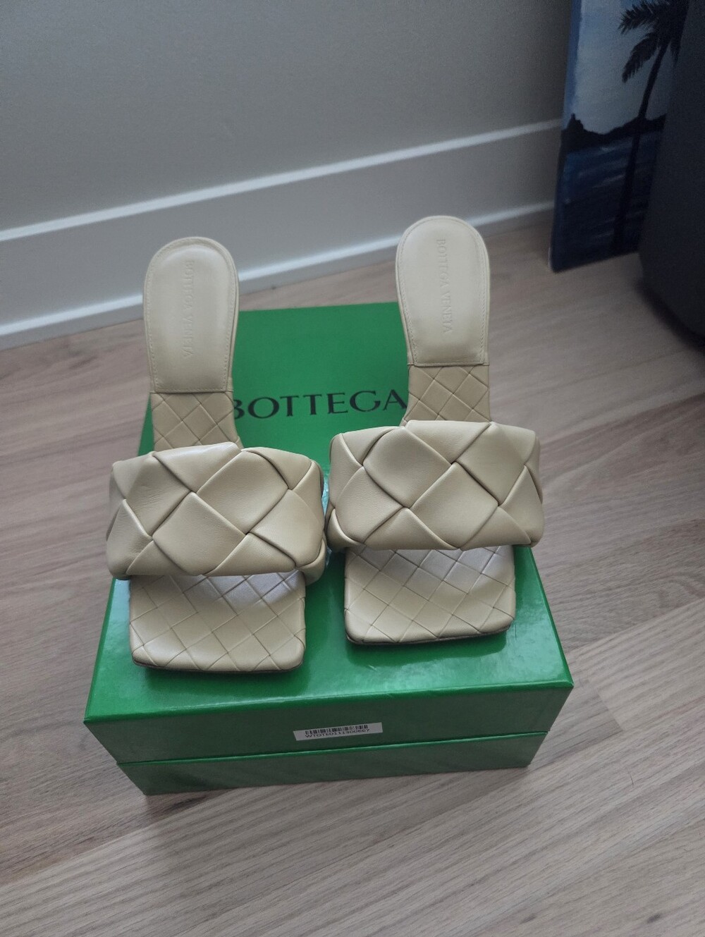Bottega Padded Square-Toe Slide Sandals in Beige